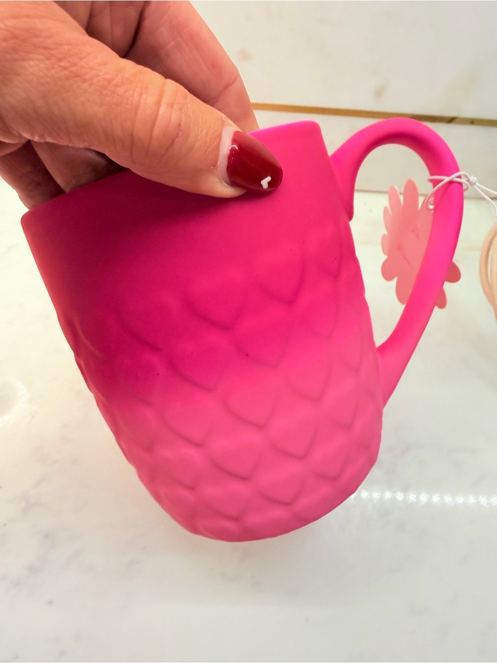 Bright Pink Textured Coffee Mug | Floral Charm Handle | New